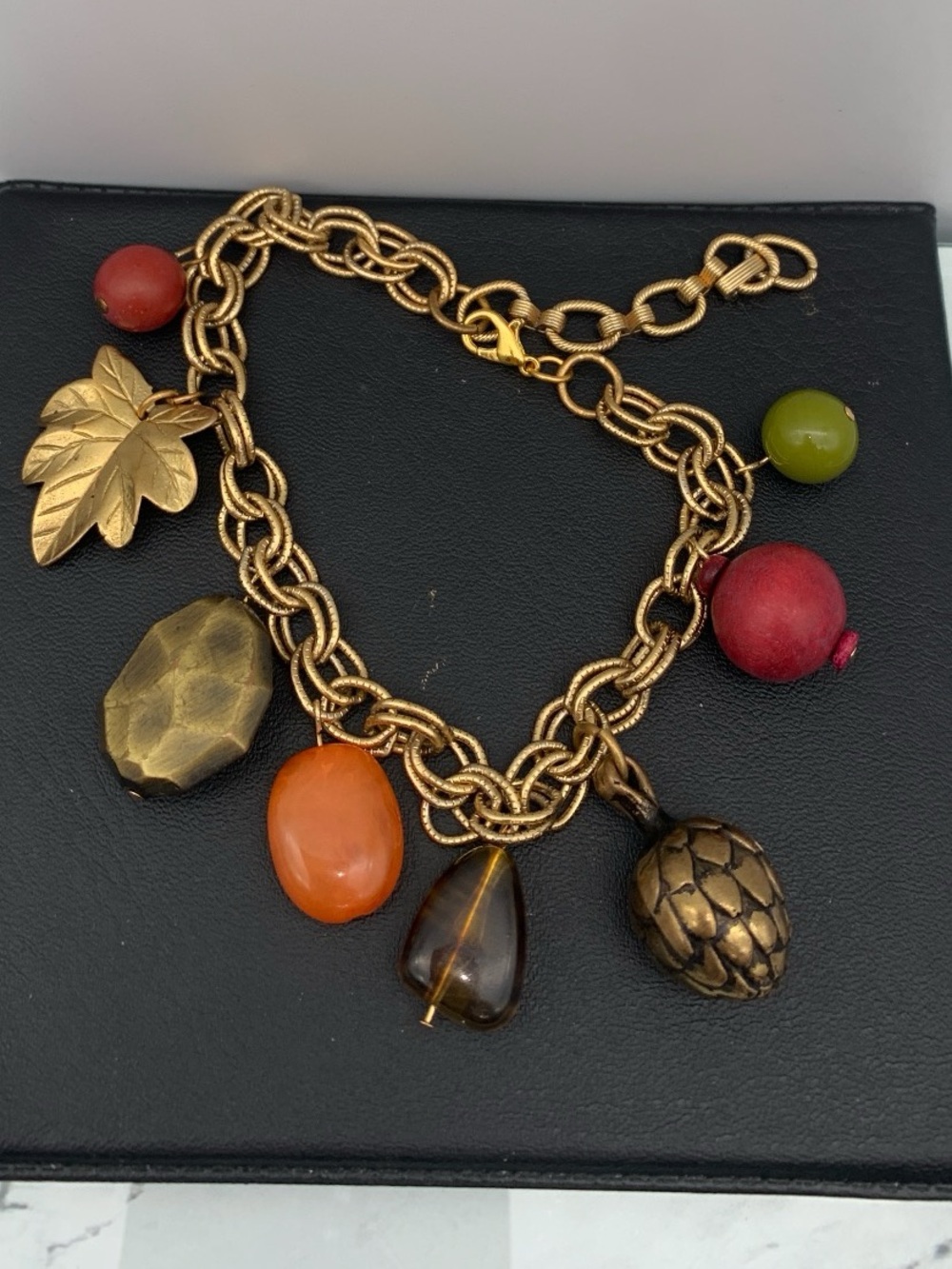 Fall / Autumn themed Gold-Tone Charm Bracelet with Red, Orange, Green and Beads